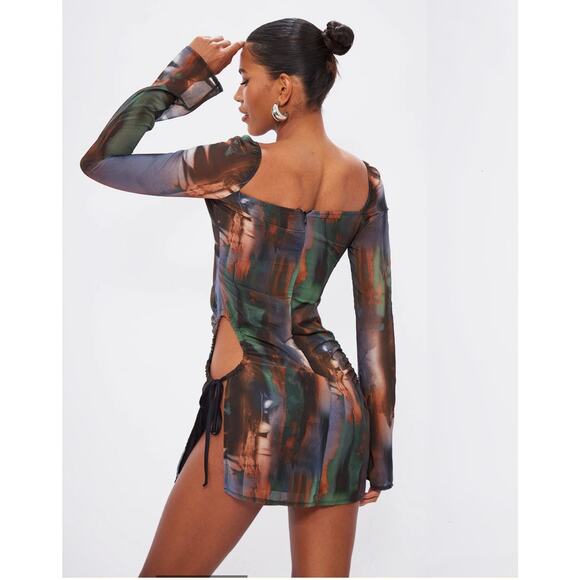 PRETTY LITTLE THINGS BROWN PRINTED CHIFFON CUT OUT SHIFT DRESS - Picture 1 of 8